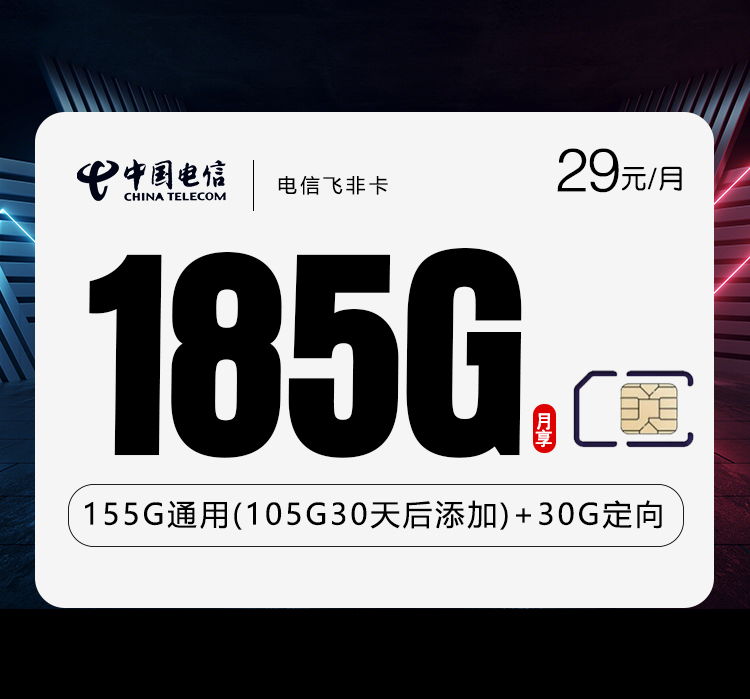 172号卡最新发布：电信飞非卡【29元185G流量】  第1张