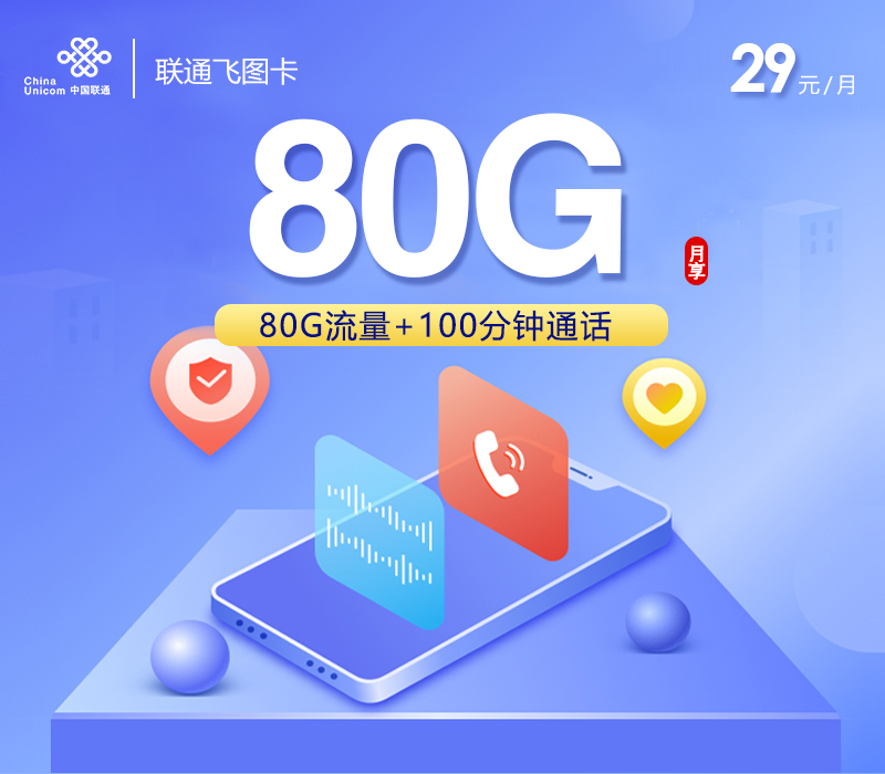 172号卡最新发布：联通飞图卡【29元80G流量+100分钟】