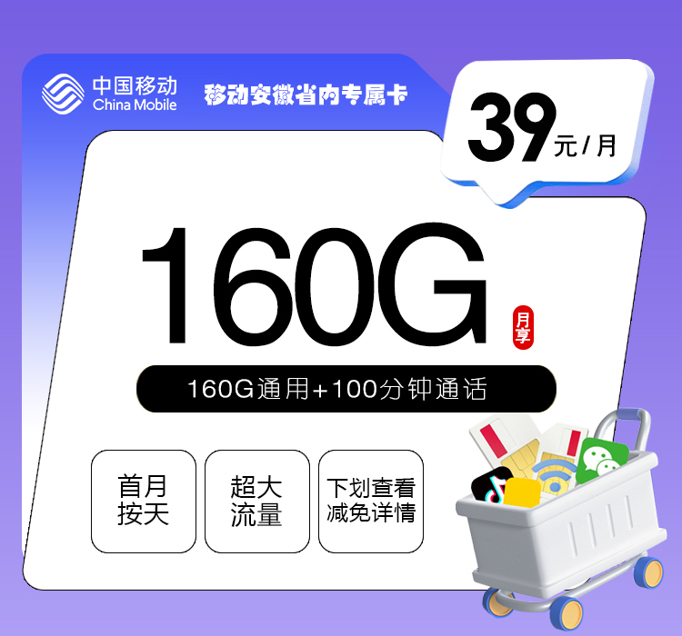 移动安徽省内专属卡【39元160G+100分钟】